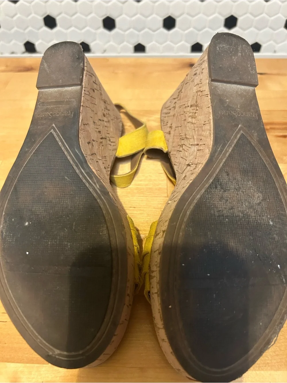 Franco Sarto Yellow Suede Cork Wedge Sandal